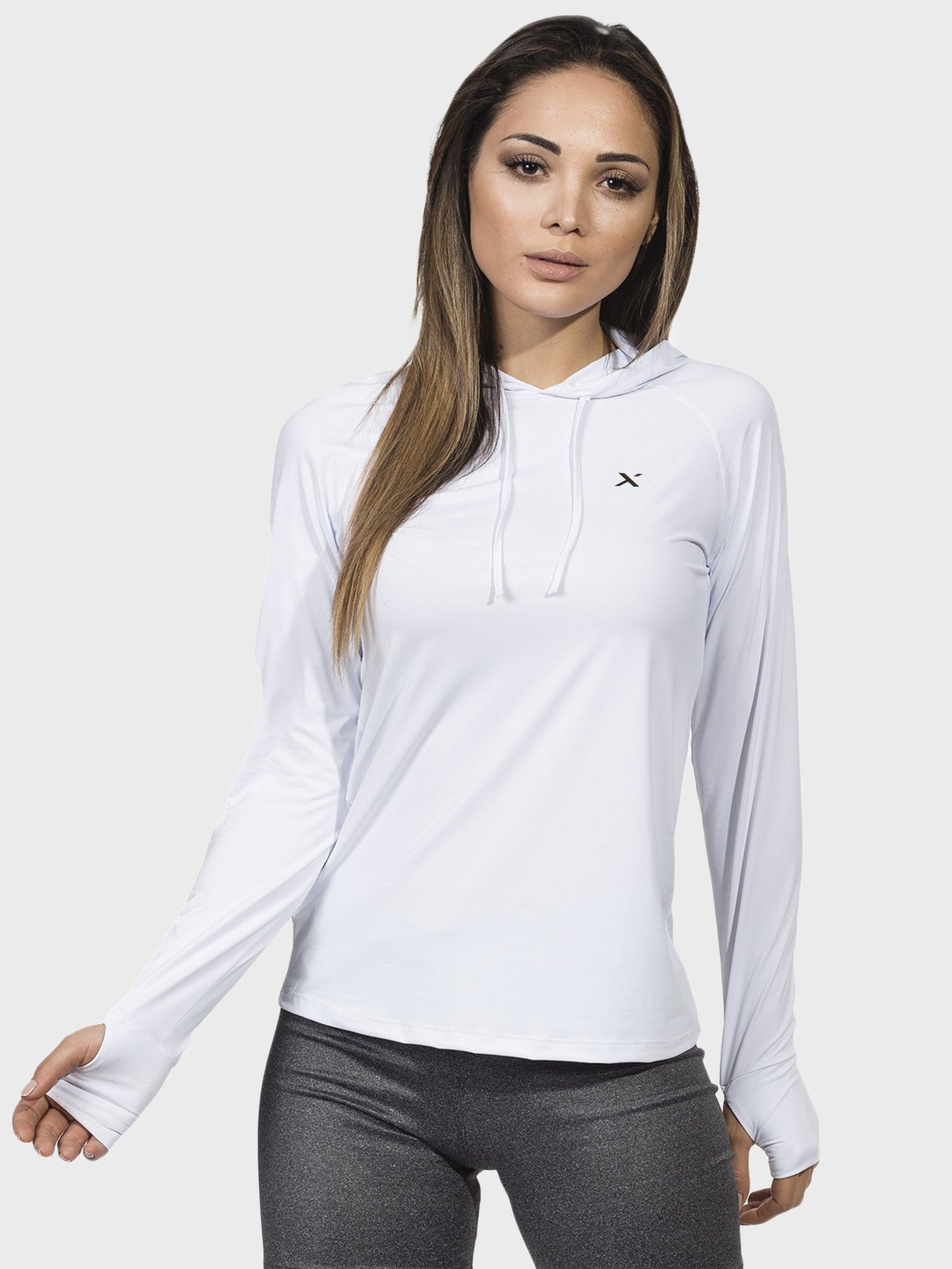 camisa feminina com capuz e encaixe para dedo ice extreme uv branca frente