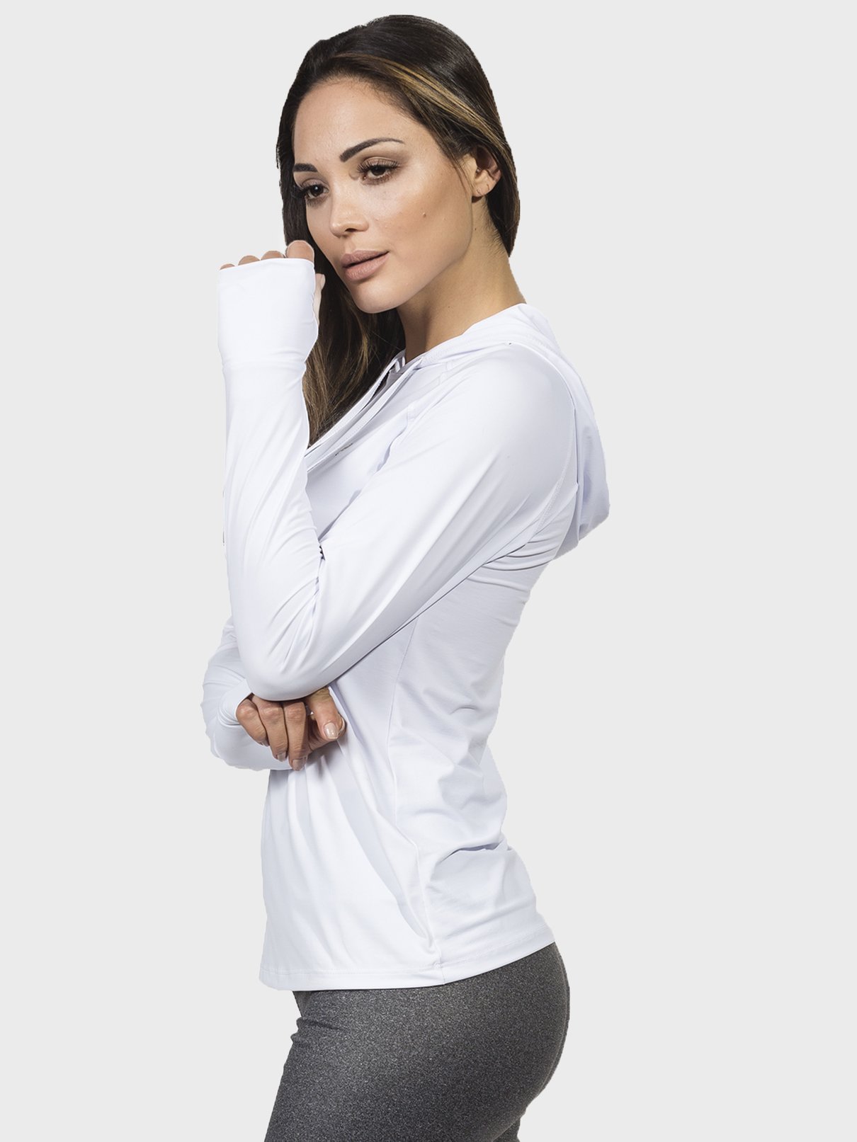 camisa feminina com capuz e encaixe para dedo ice extreme uv branca latetral